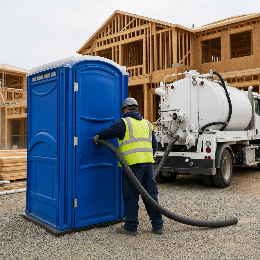 Sanitation technician in high-visibility vest servicing a royal blue portable toilet with a vacuum pump truck at an active construction site
